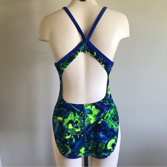 90s Vintage Nike One Piece Bathing Swim Suit Blue Neon Green Size Small - Picture 2 of 9